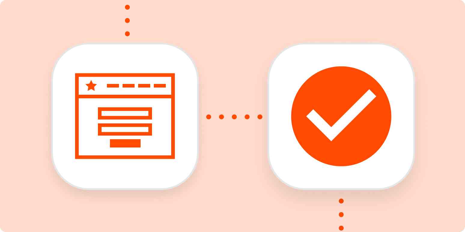 Bright orange icons representing an online form and a completed task inside white squares connected by dotted lines, all on a pale orange background.