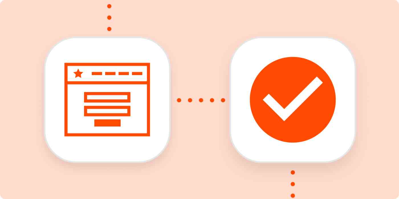 Bright orange icons representing an online form and a completed task inside white squares connected by dotted lines, all on a pale orange background.