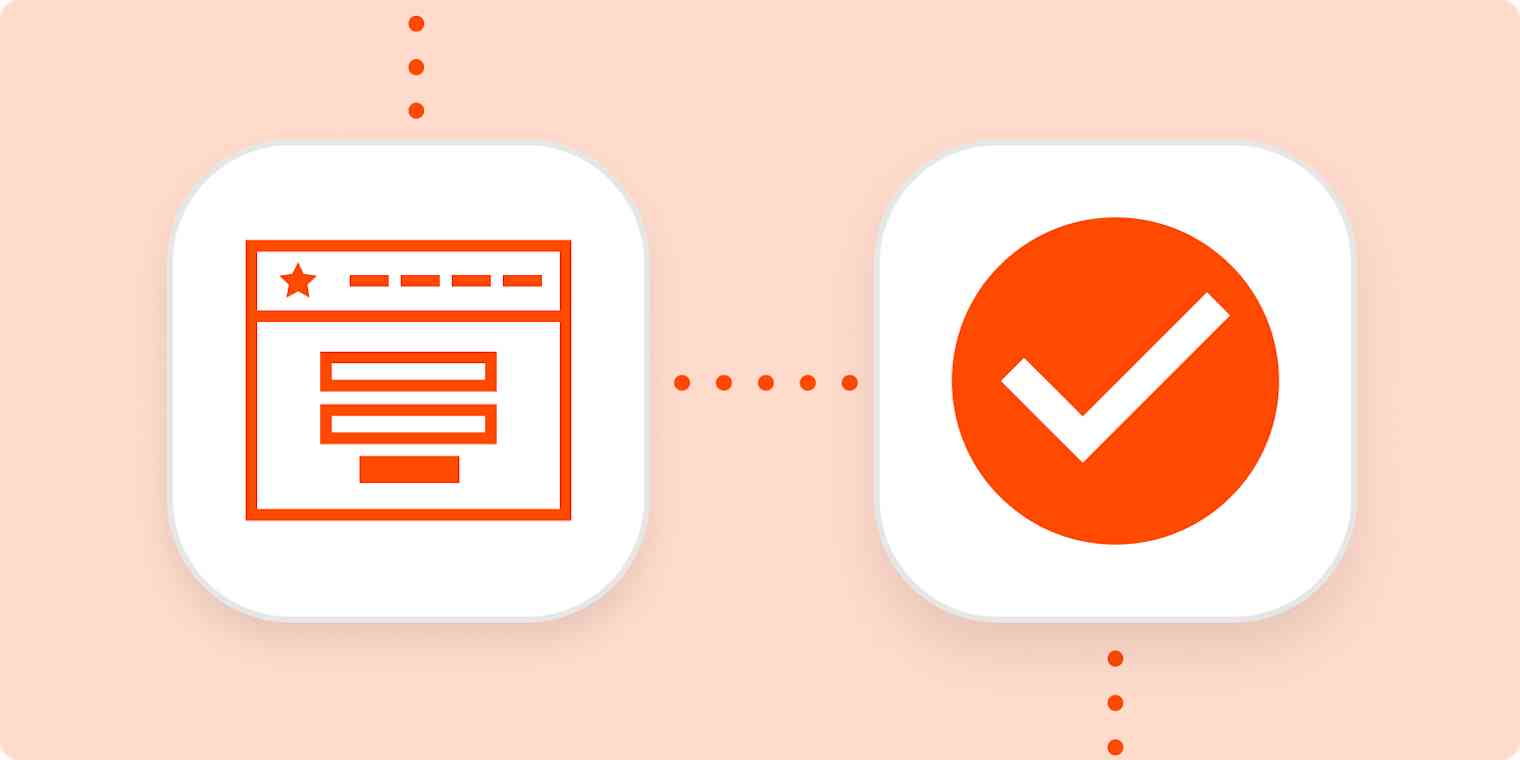 Bright orange icons representing an online form and a completed task inside white squares connected by dotted lines, all on a pale orange background.