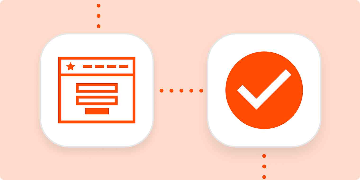 Bright orange icons representing an online form and a completed task inside white squares connected by dotted lines, all on a pale orange background.