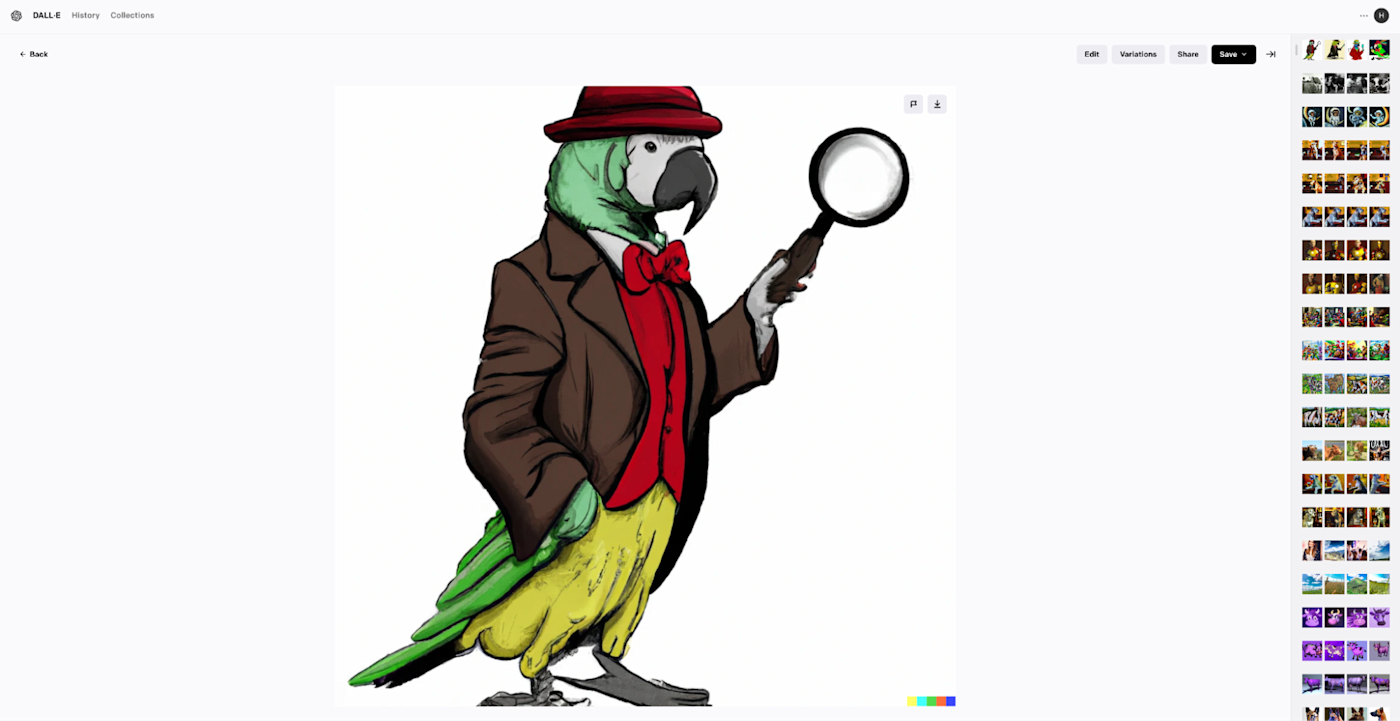 A parrot dressed as Sherlock Holmes in DALL-E 2 (with a watermark at the bottom)