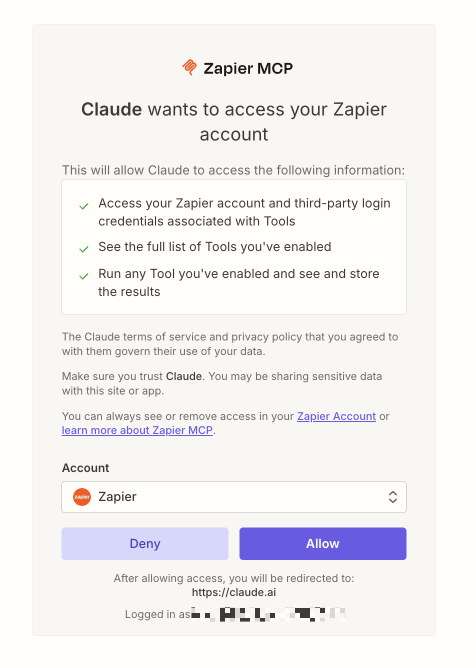 Clicking allow to allow Claude to access a connector account