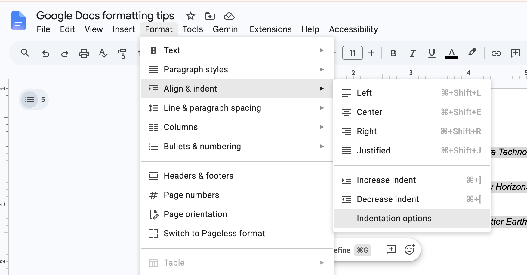 Format dropdown in Google Docs with indentation options highlighted.