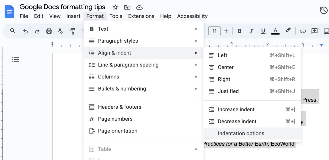 Format dropdown in Google Docs with indentation options highlighted.