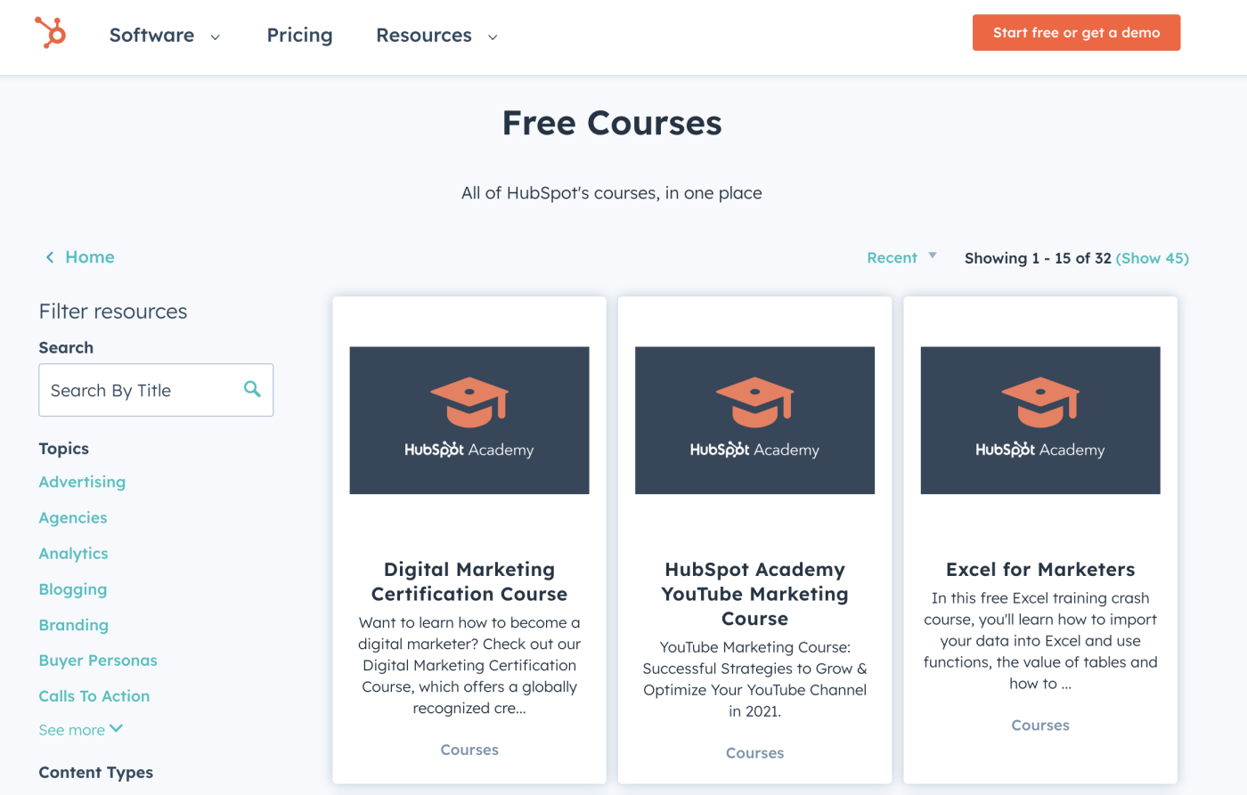 Screenshot of Hubspot's free courses