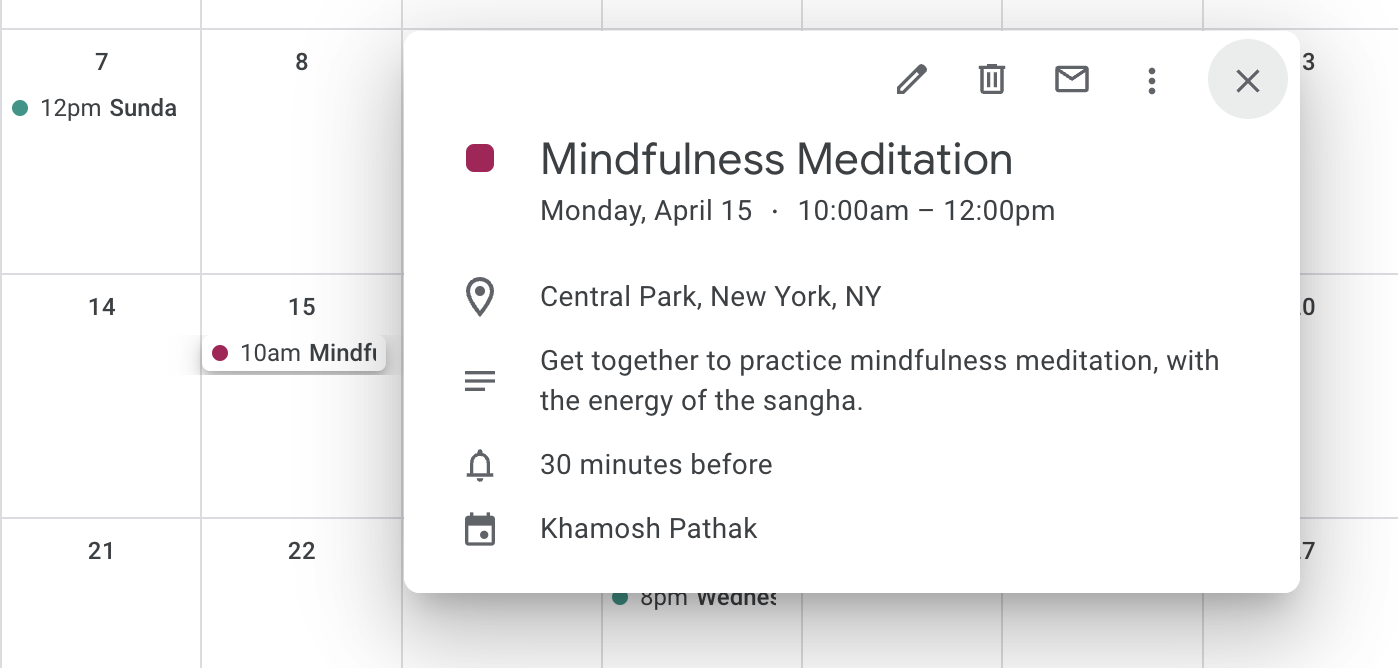 A Google Calendar event for a mindfulness meditation session.