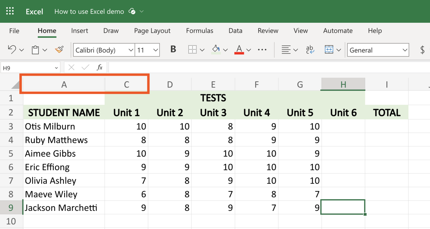 Example of a spreadsheet in Excel with hidden columns.