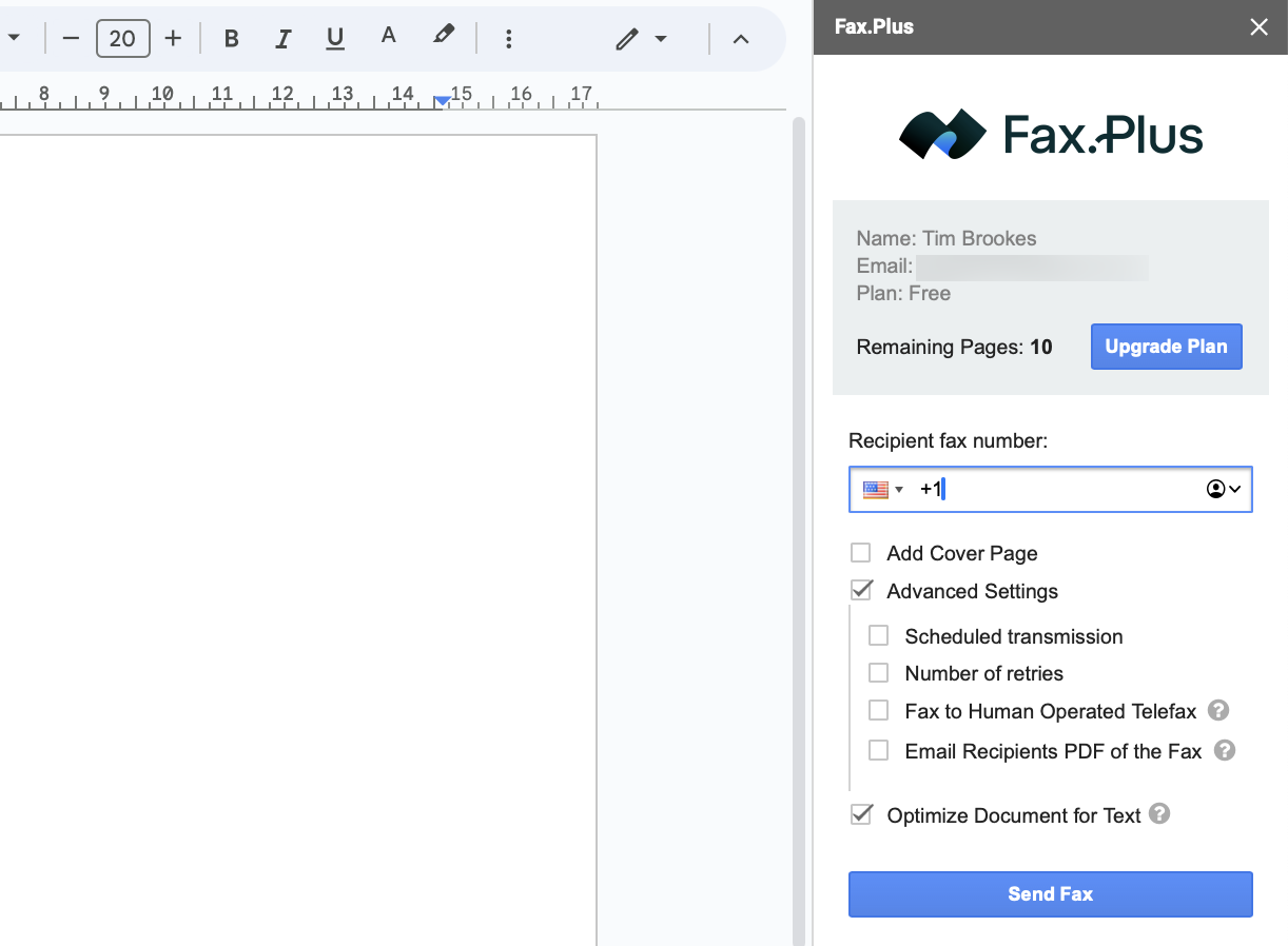 Google Doc with the Fax.Plus add-on visible in the side panel.