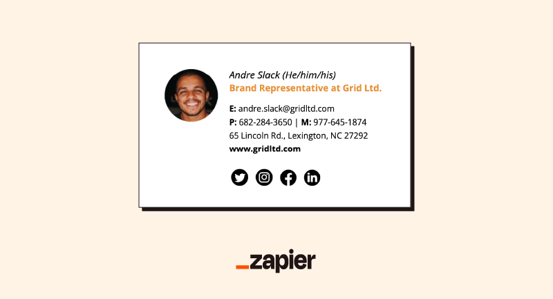 Image of a social media email signature example, including a headshot, the person's name, pronouns, title, email address, phone numbers, website, and social media links