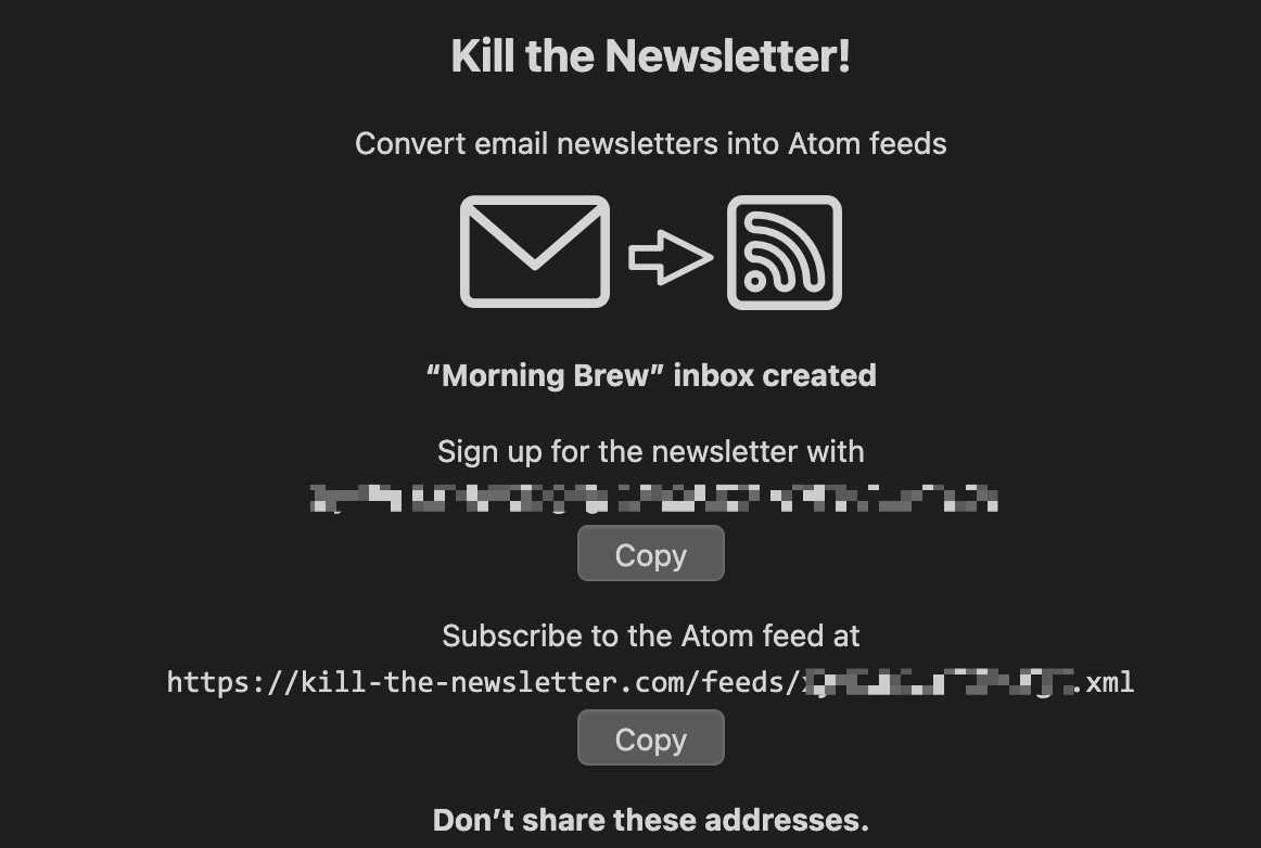 A screenshot of Kill the Newsletter