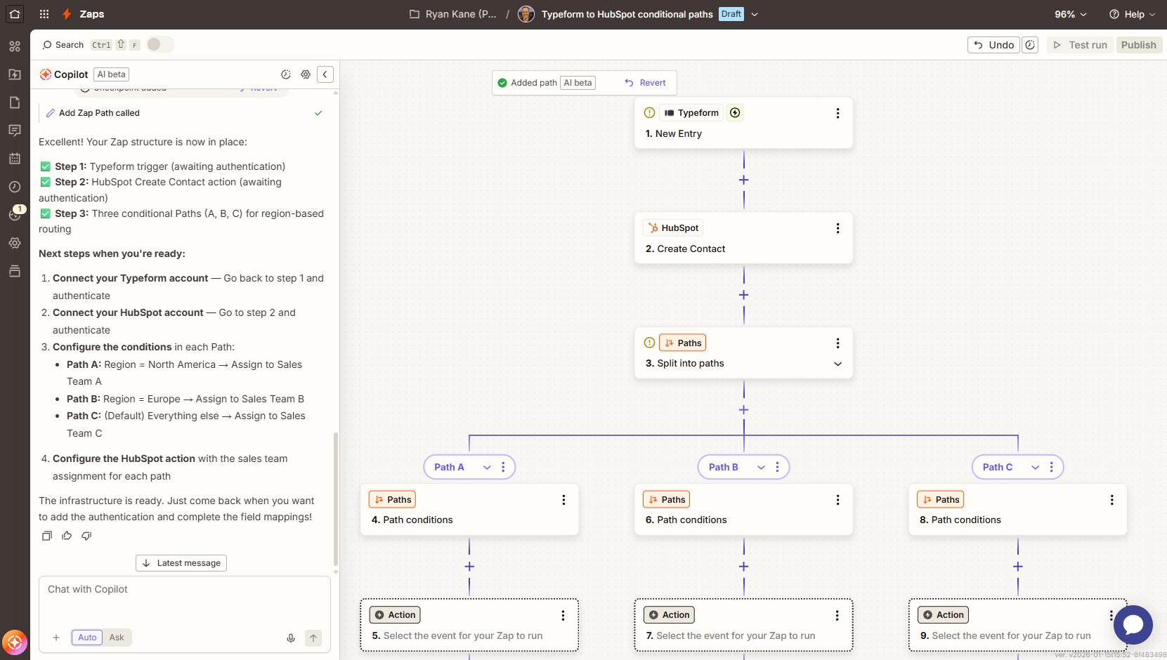 Zapier Copilot in the Zapier workflow editor
