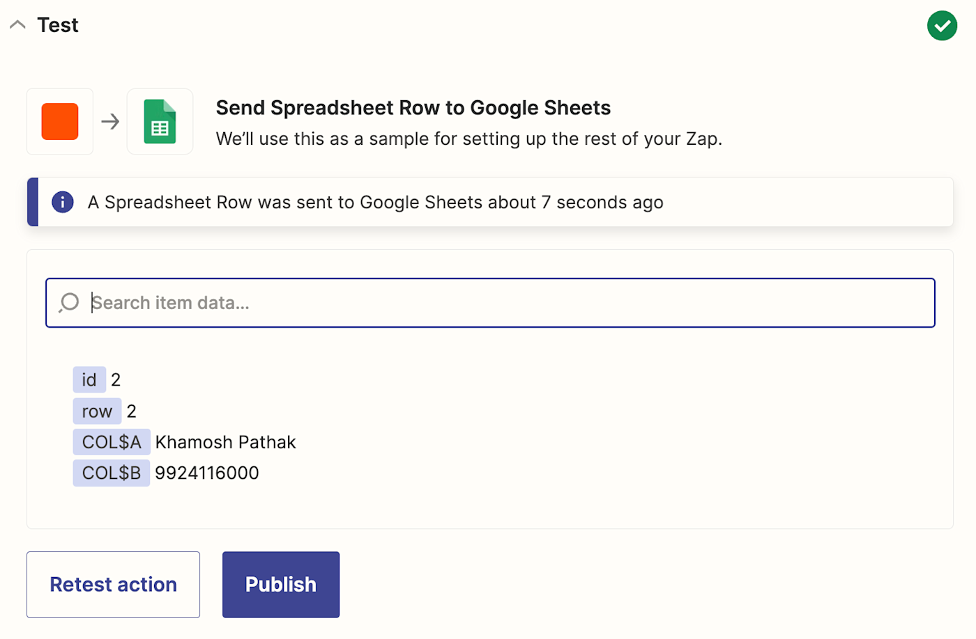 A test of an action step that shows a client name and phone number has successfully been sent to Google Sheets.