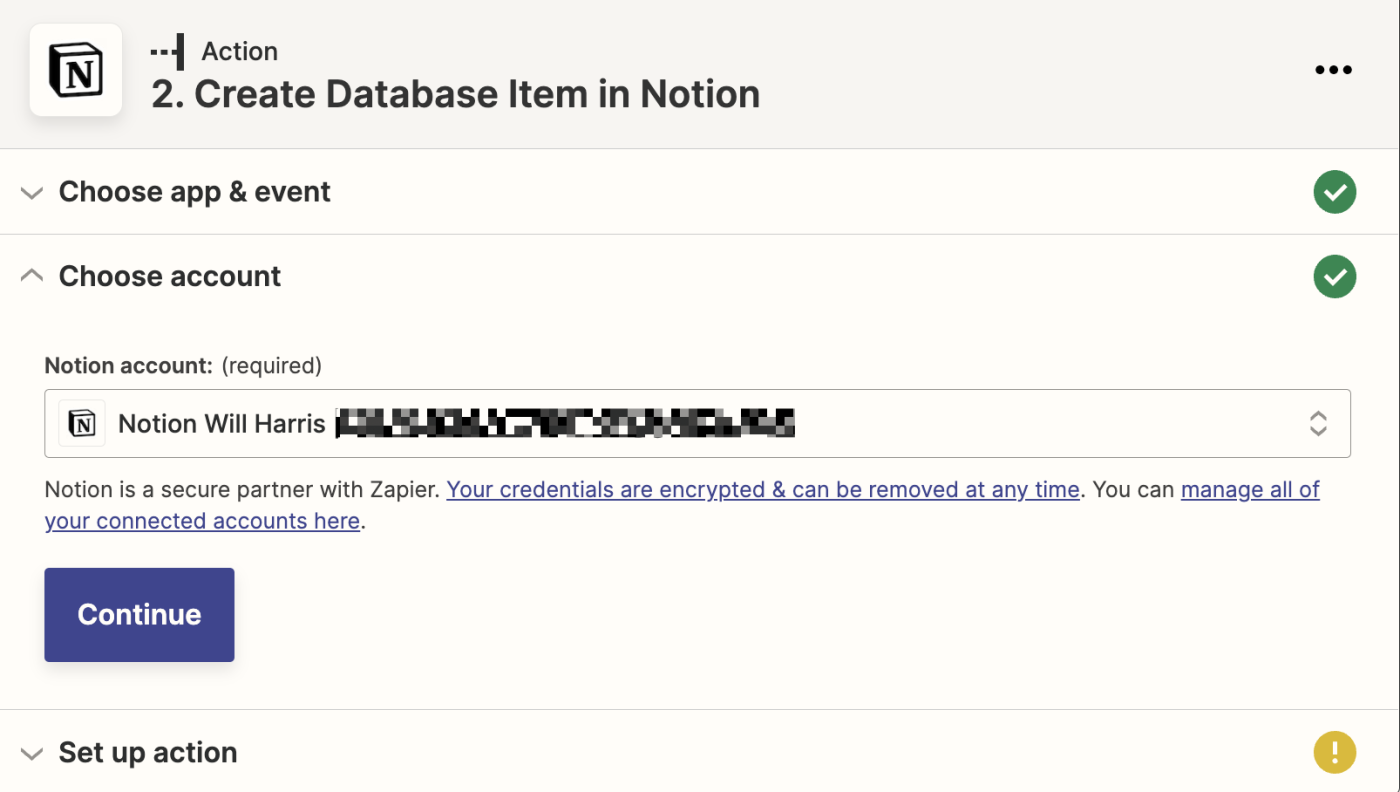 A Notion account is selected in the Notion Account field. 