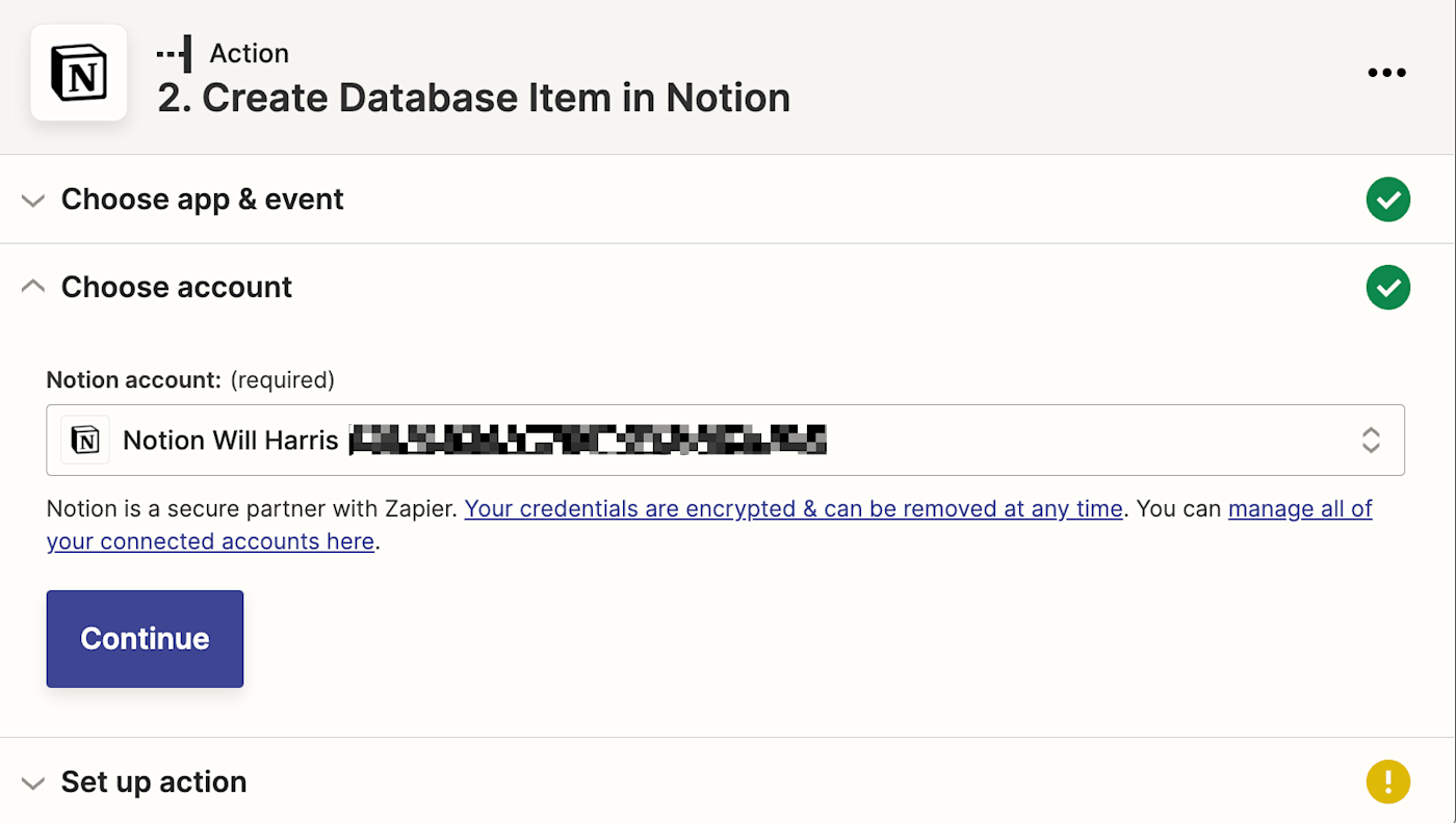 A Notion account is selected in the Notion Account field. 