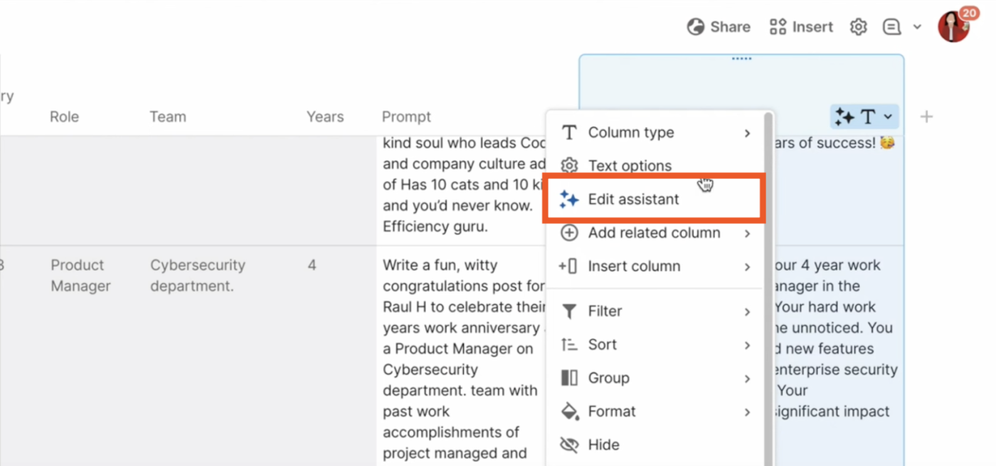 Expanded view of an AI column's dropdown options in Coda AI. The option Edit assistant is highlighted. 