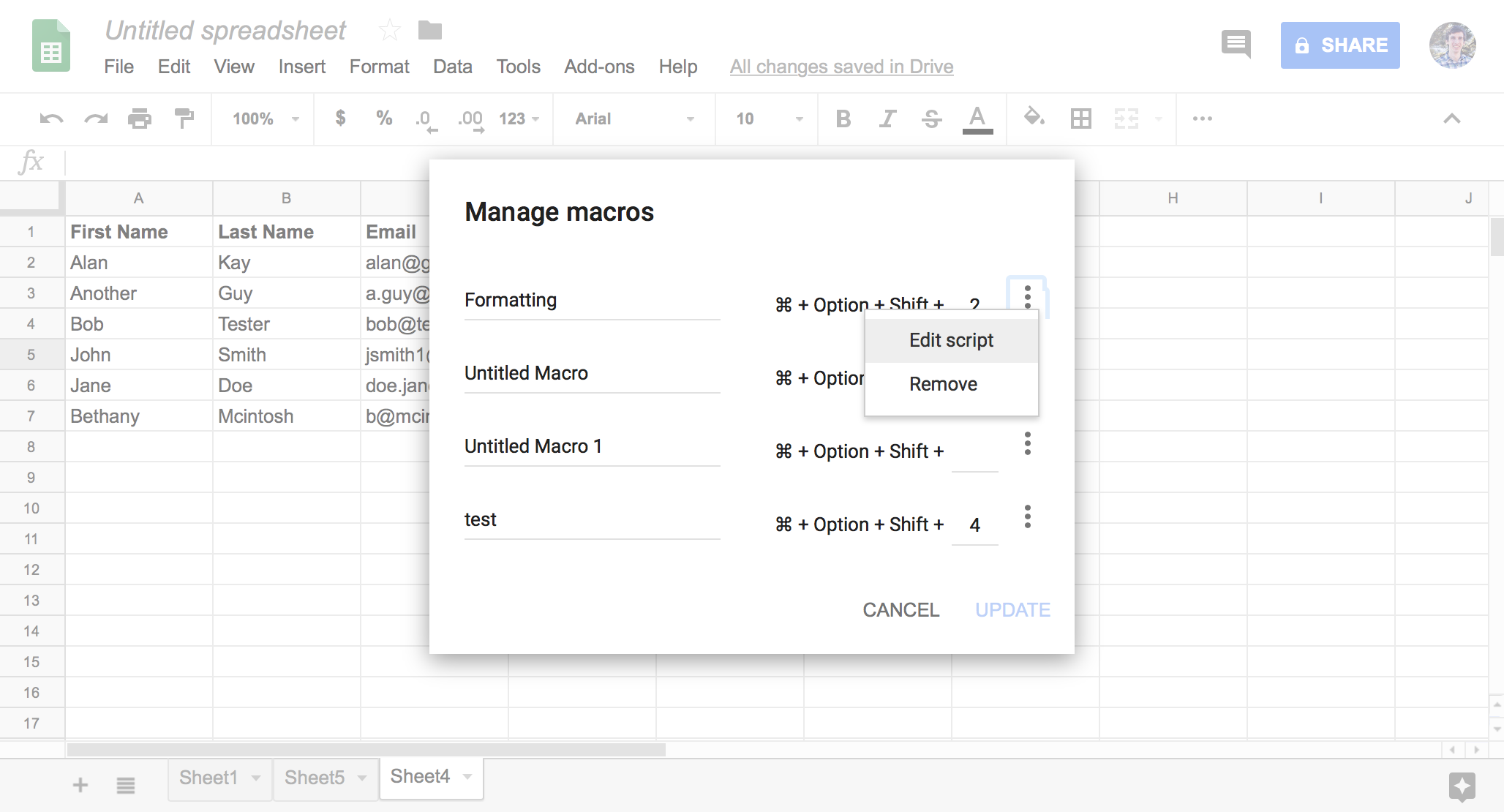 How do I create a macro in Google Sheets?