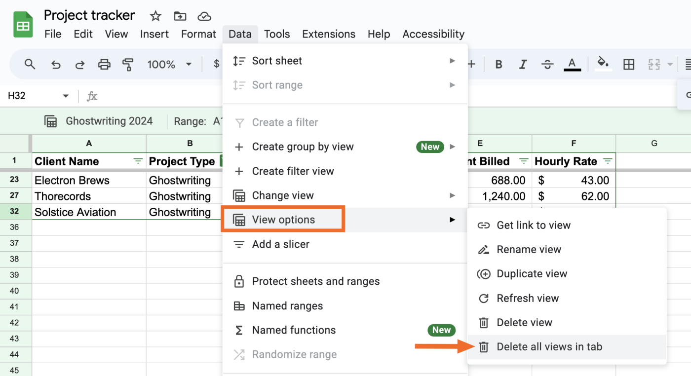 How to delete all filter views at once in Google Sheets.