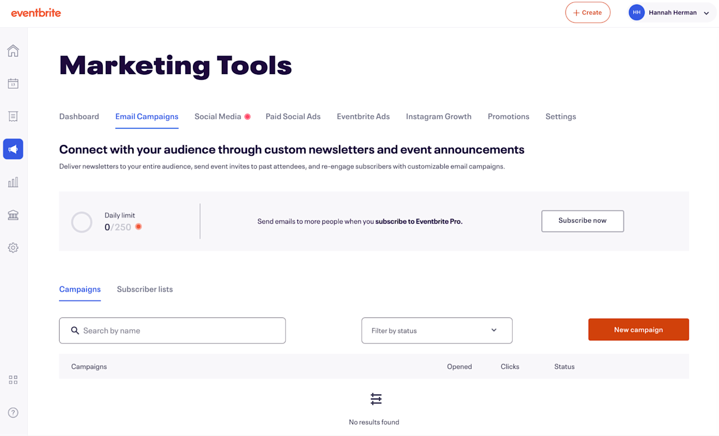 The Email Campaigns tab in Eventbrite