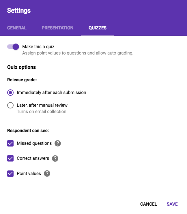 adjust quiz settings in Google Forms