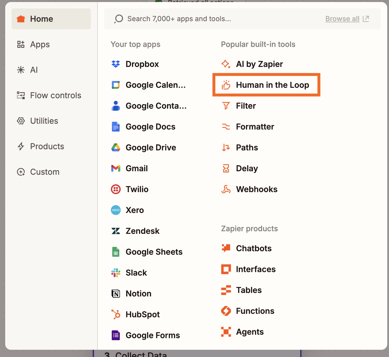 A window in the Zap editor with options to select apps