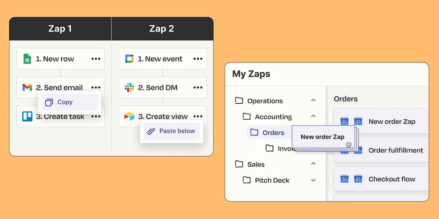 Preview of Zapier's newest product features: copy and paste steps, and drag and drop Zaps.