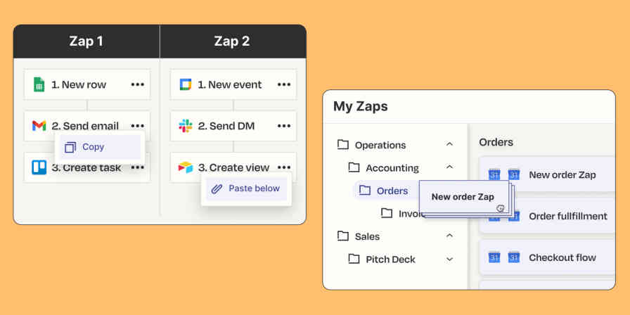 Preview of Zapier's newest product features: copy and paste steps, and drag and drop Zaps. 