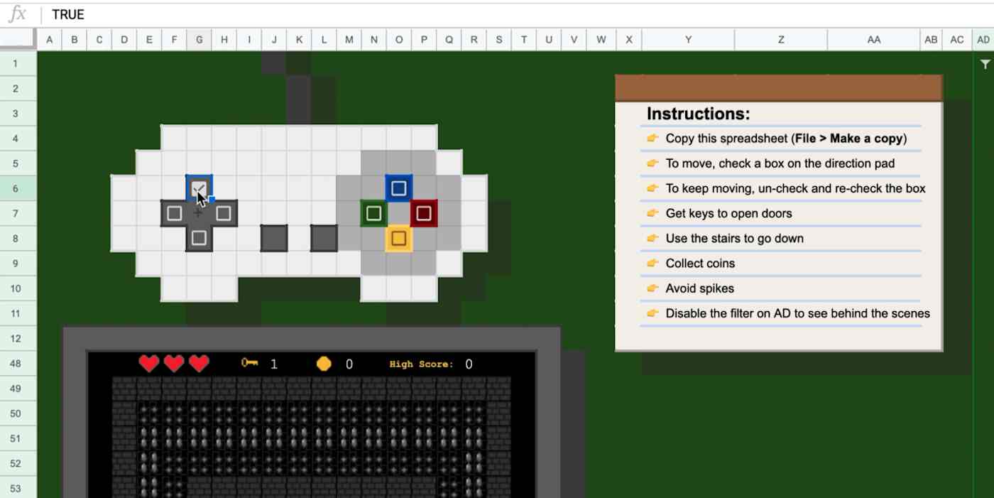 Hero image of a game created inside a Google Sheet