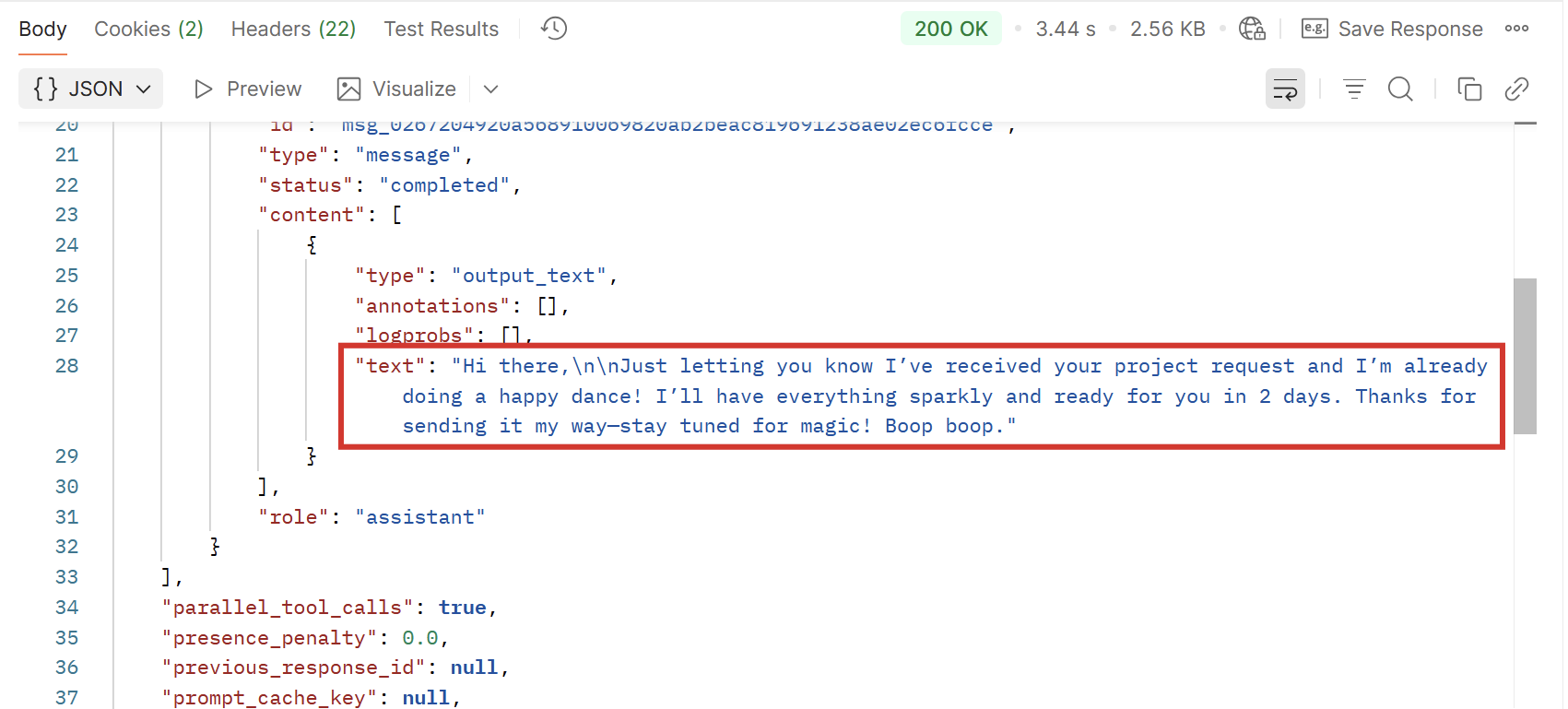 The response from the OpenAI API in Postman
