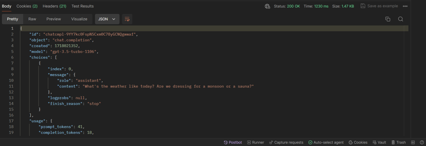 The response from the OpenAI API in Postman