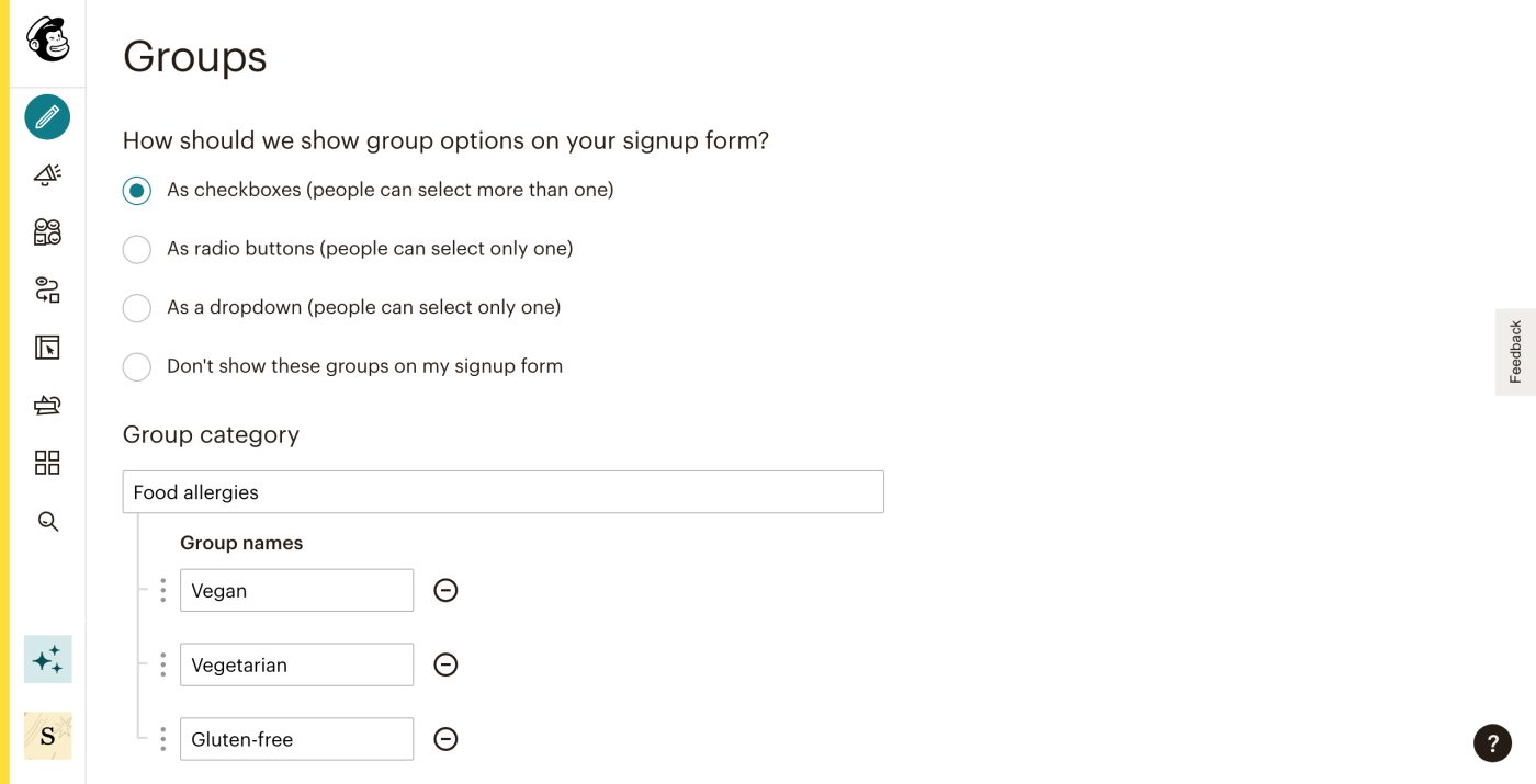 Screenshot of Mailchimp's "Groups" segmentation