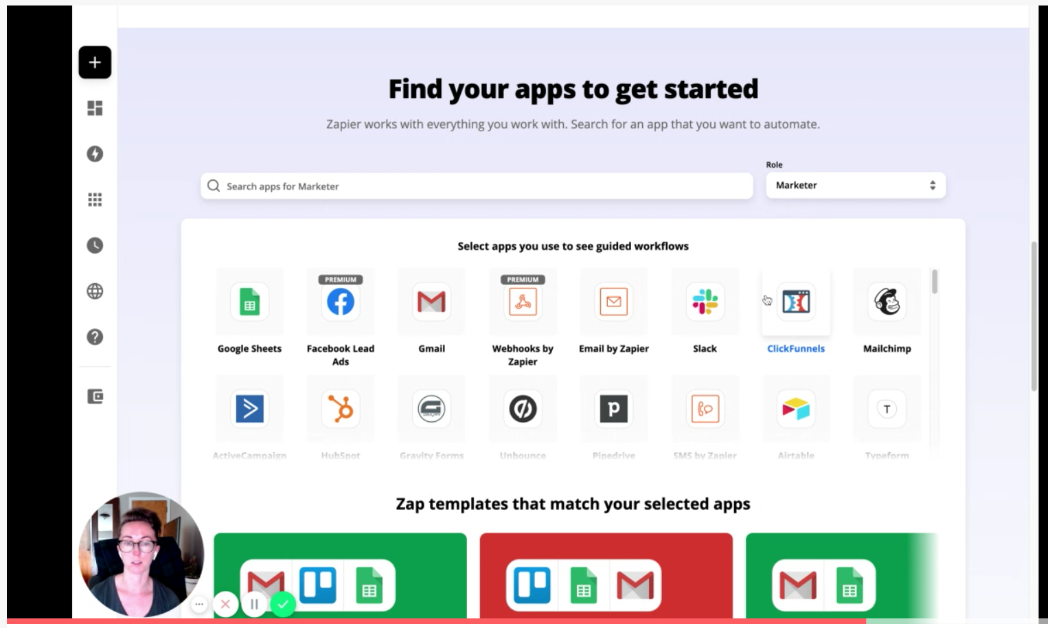 Screenshot from a demo video Kate made where you see her face and her screen on the Zapier website