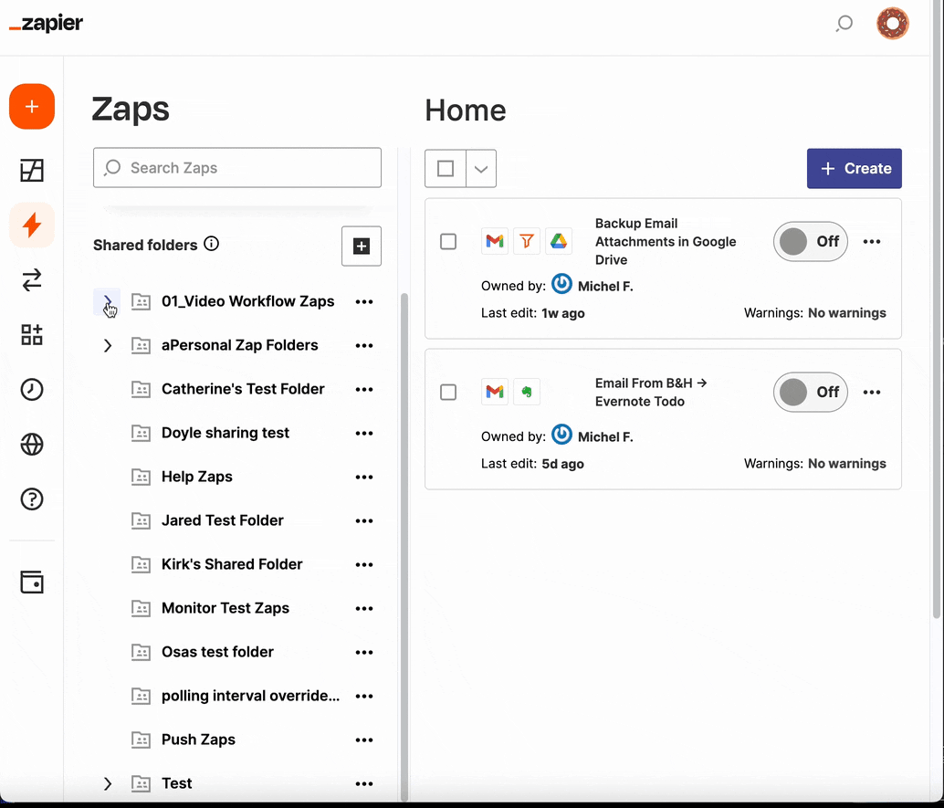 A GIF of creating a subfolder in a Zapier account.