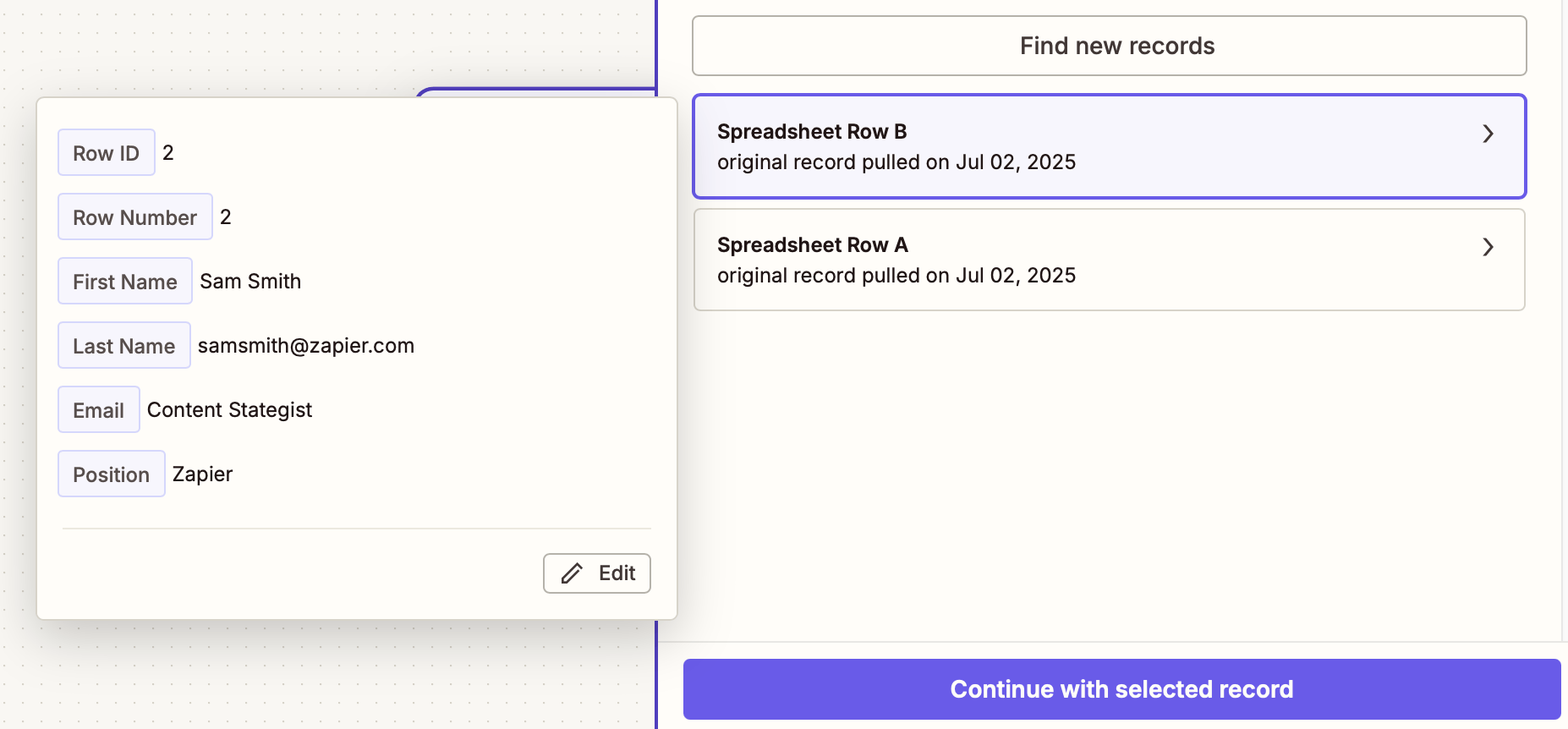 A successful test screen with a green checkmark and the text "We found a spreadsheet row!".