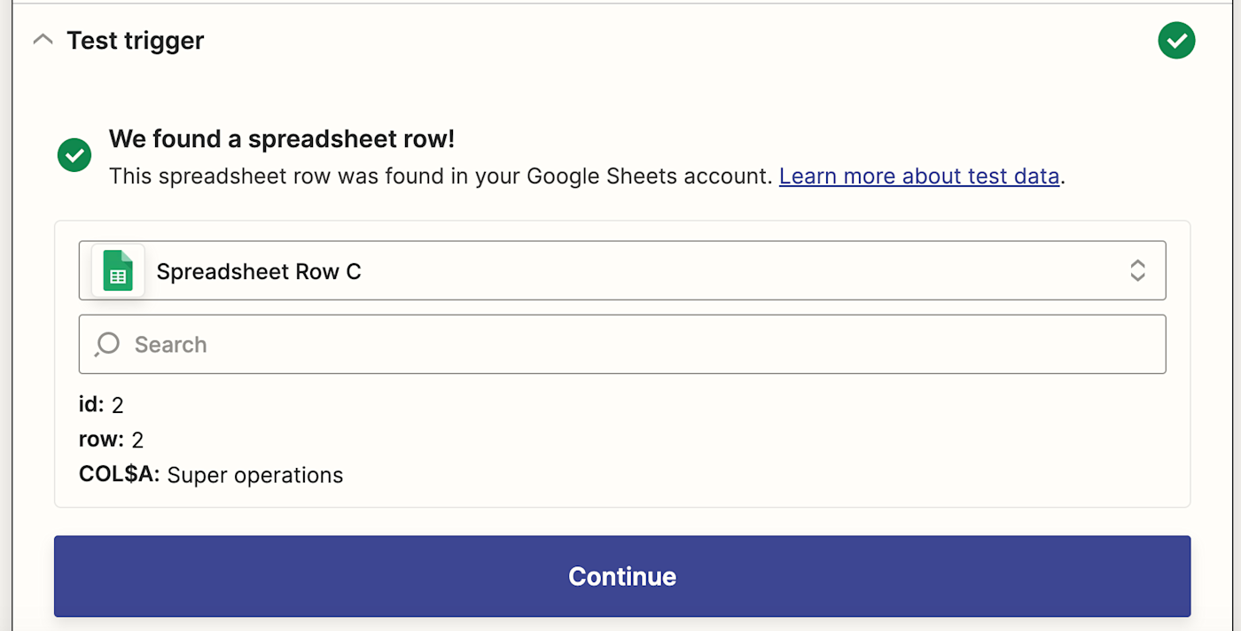 A successful test screen with a green checkmark and the text "We found a spreadsheet row!".