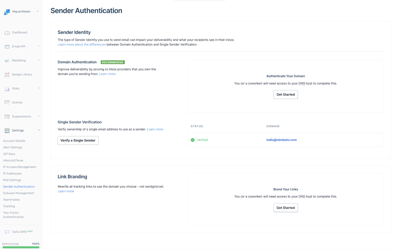 SendGrig's Sender Authentication page