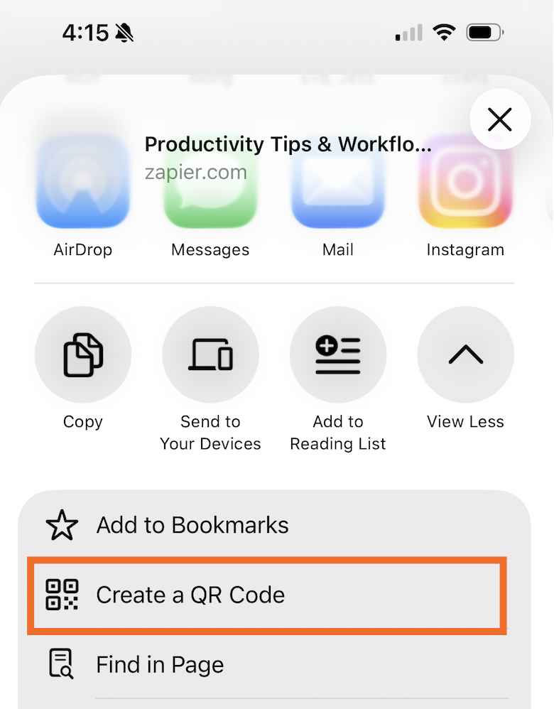 Expanded view of the share menu from the Google Chrome iPhone mobile app. The option to create a QR code is highlighted.