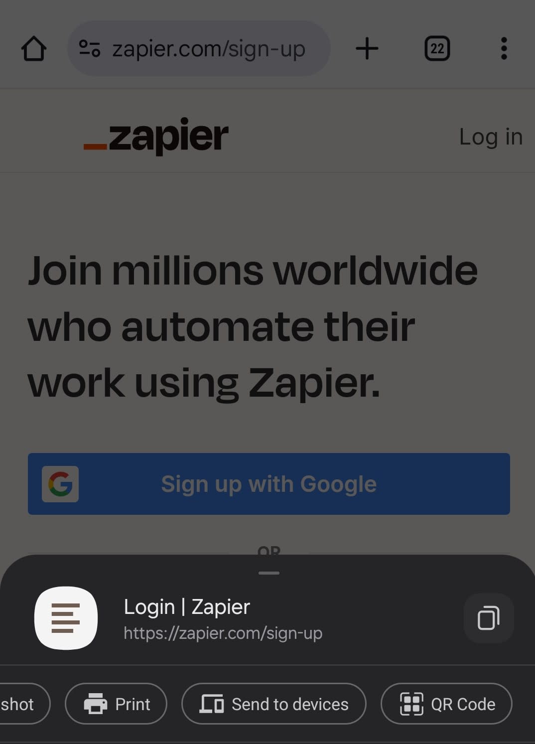 Screenshot showing where you click to create a QR code on mobile using Chrome on android