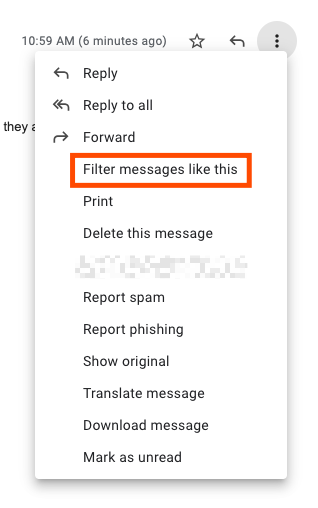 A right-click dropdown menu when you click the three dots in a Gmail message. A red box highlights the option "Filter messages like this."
