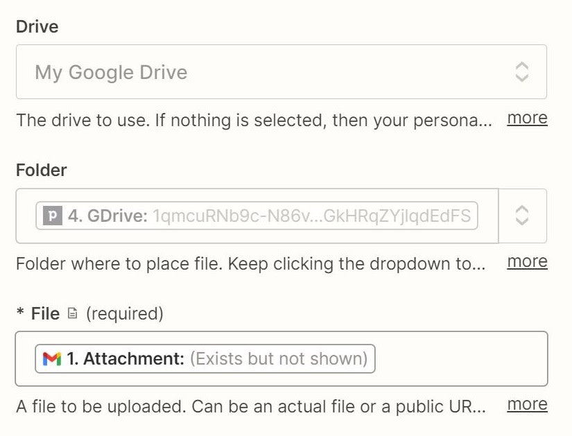 Fields in a Google Drive action step filled out with data from previous steps in the Zap.