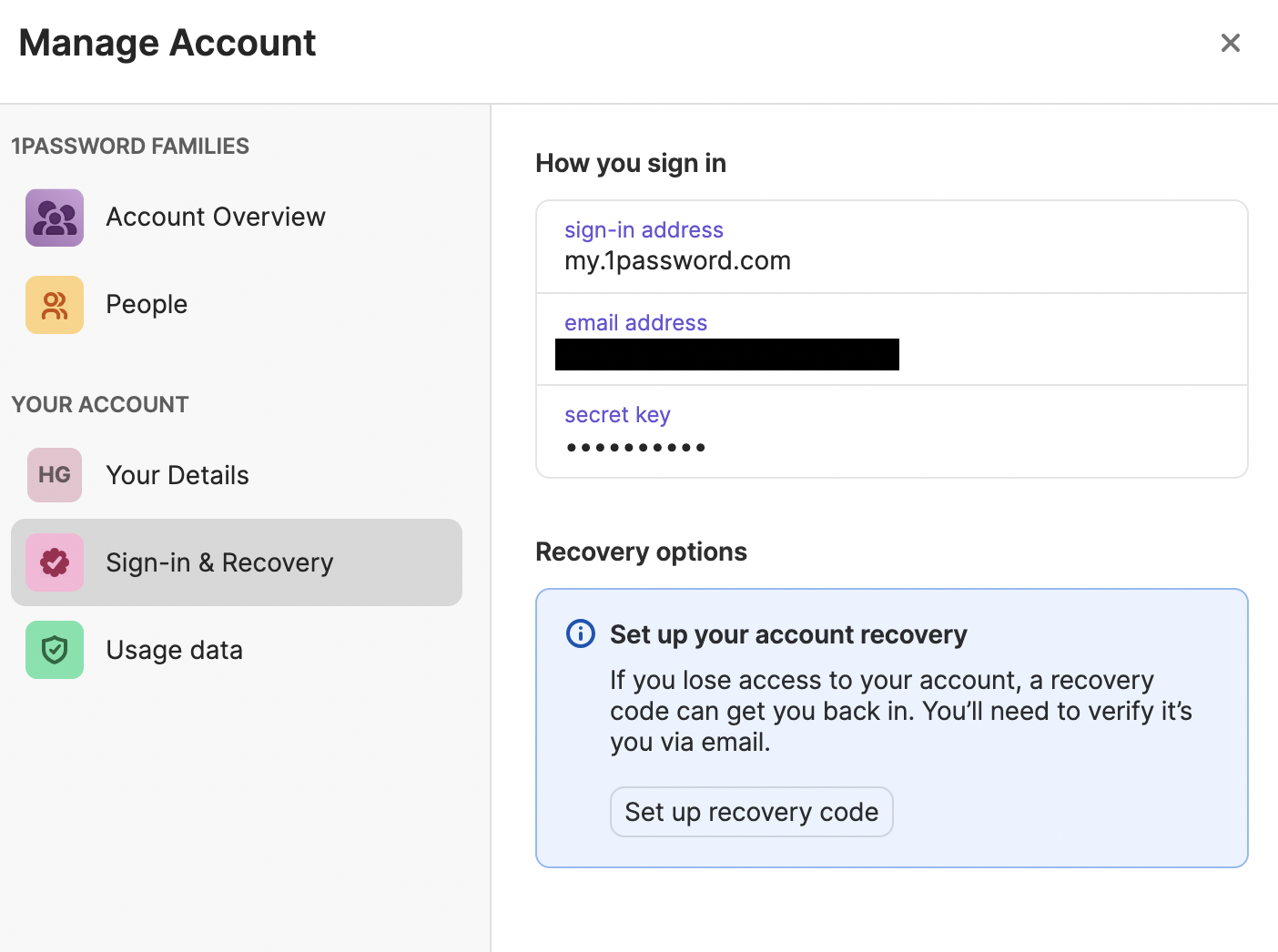 Recovery option in 1password