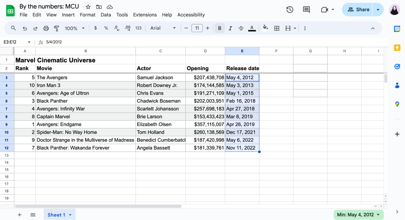 Example of how to sort by date in Google Sheets. 