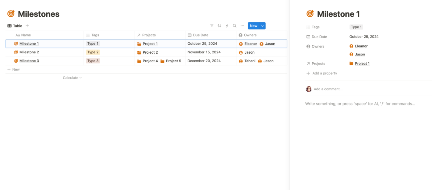 Screenshot of the Milestones database in the Notion project management template