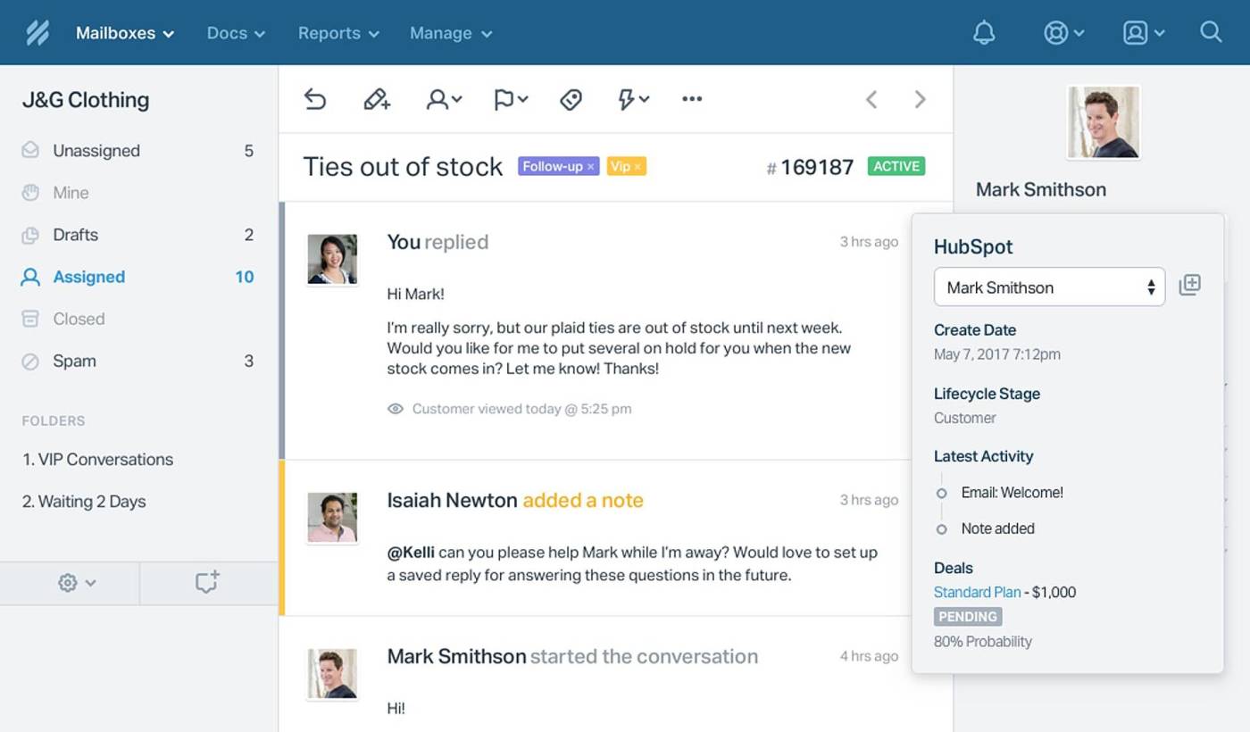 A screenshot of Help Scout with the HubSpot integration