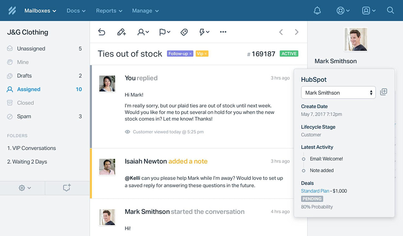 A screenshot of Help Scout with the HubSpot integration