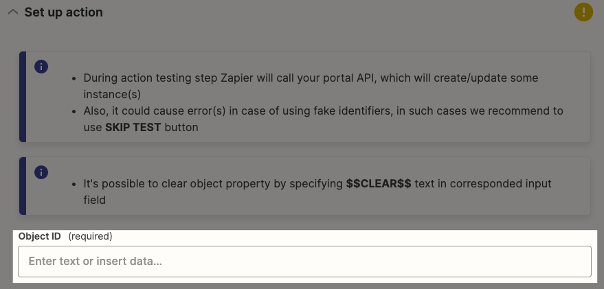 HubSpot prompts for an Object ID within the Zap editor.