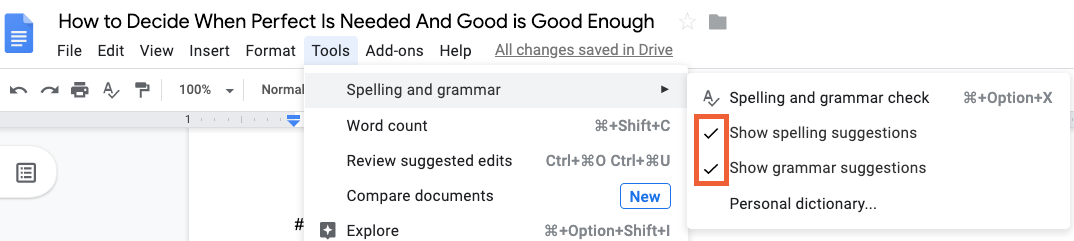 turn off spelling and grammar checks in Google Docs