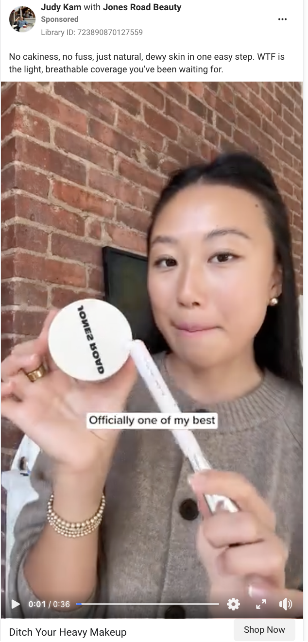 Product-focused video Facebook ad example from Jones Road Beauty. 