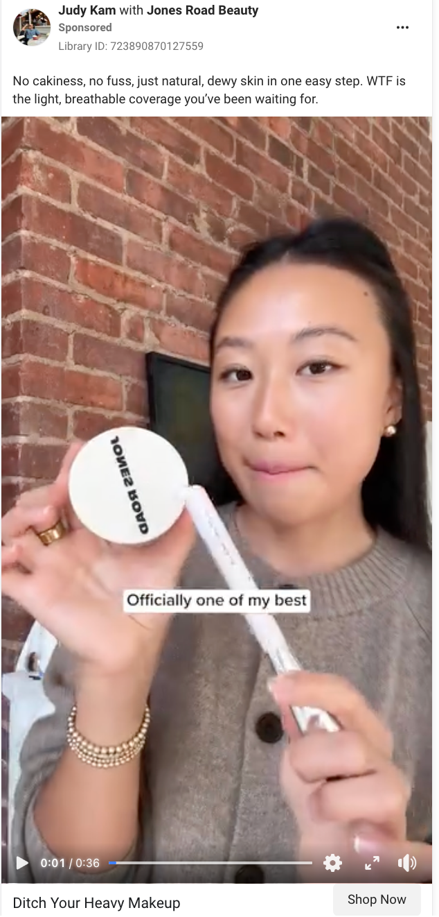 Product-focused video Facebook ad example from Jones Road Beauty. 