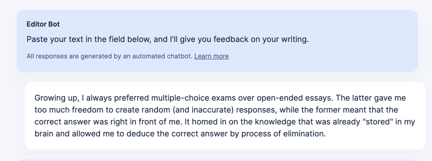Screenshot of the editor chatbot in action