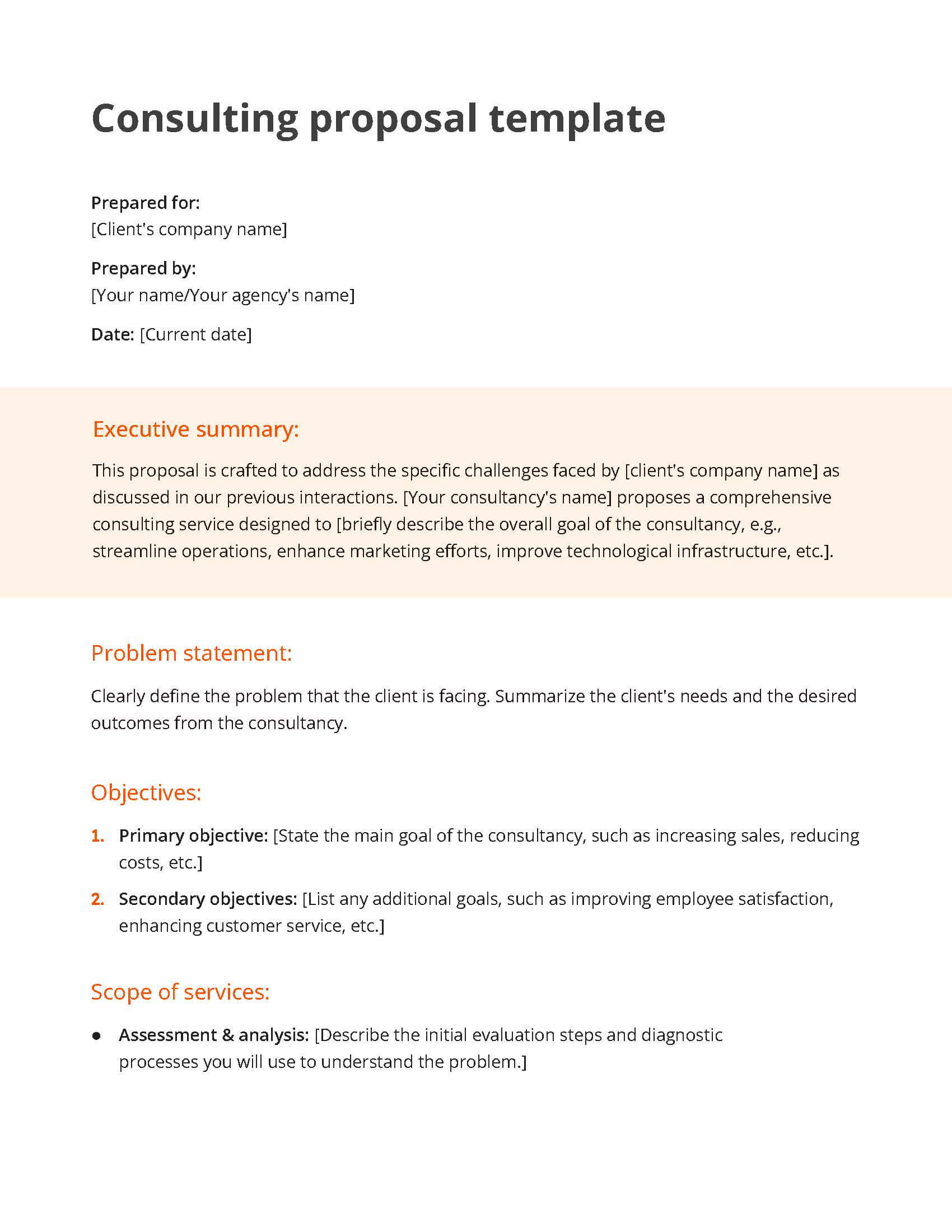 White and orange consulting proposal template including a section for the executive summary, problem statement, objectives and scope of services